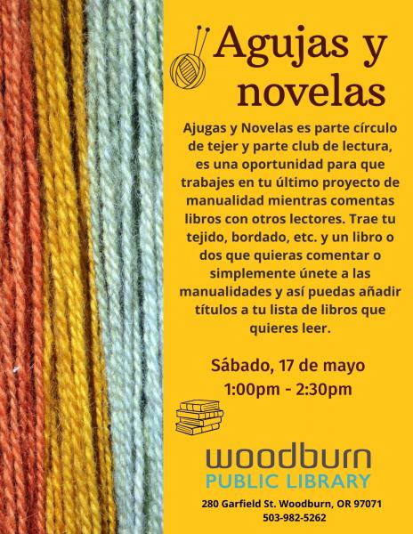 Agujas y novelas: grupo de tejer sábado 17 de mayo 1 :30 - 2:30pm