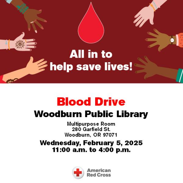 Red Cross Blood Drive Sign up.  Blood Drive is on Wednesday, February 5 from 11am to 4pm